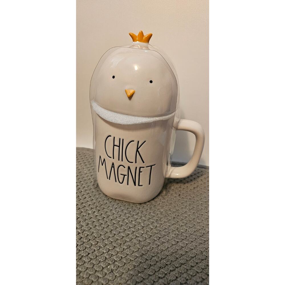 Rae Dunn "Chick Magnet" White Coffee Tea Mug w/Topper Lid
